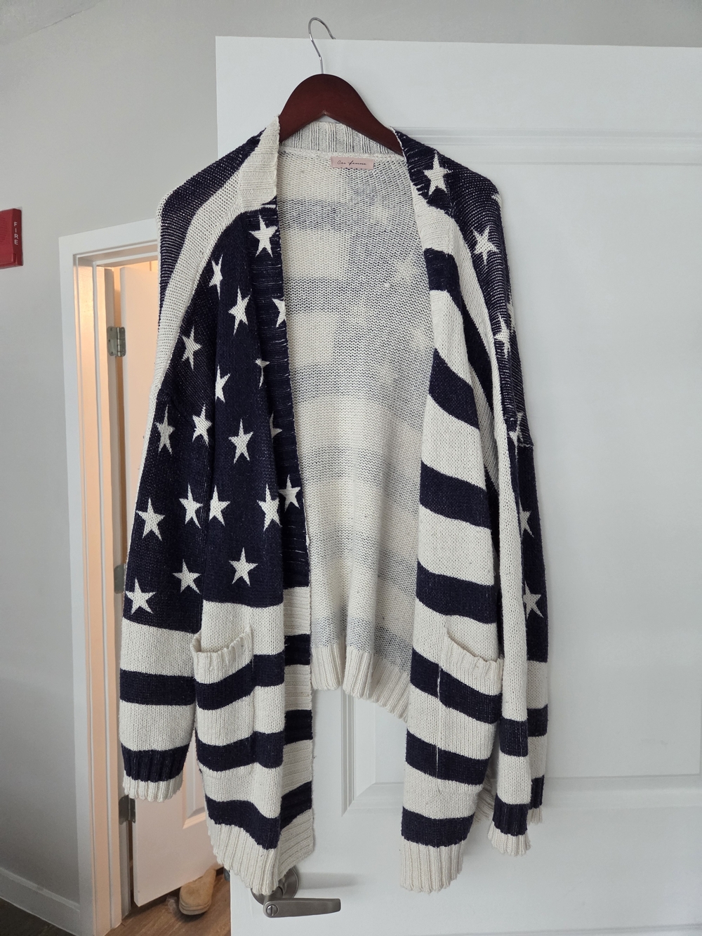 Loose Open-Front Star & Stripe Knit Cardigan Sweater XL
